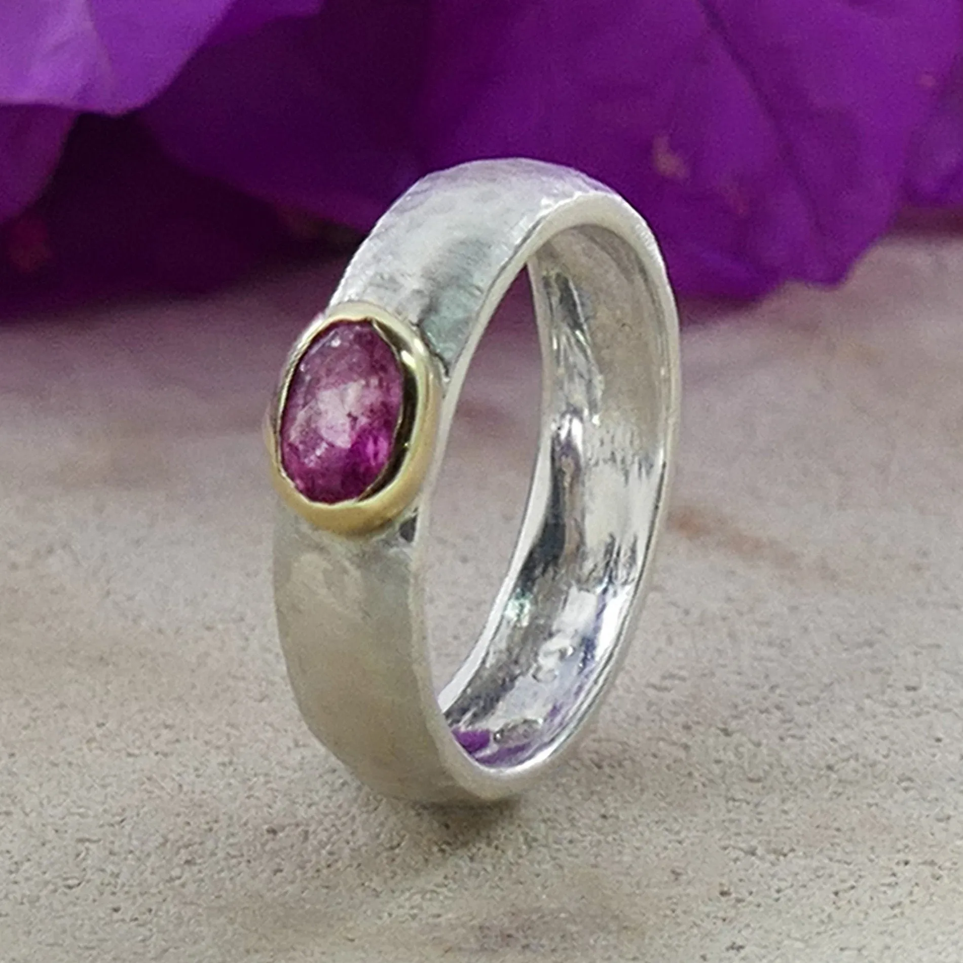 0.4 Carat Natural Pink Tourmaline Gemstone Two Tone Solid 9k Yellow Gold&925 Sterling Silver Solitaire Ring Gemstone ring Mixed metal ring
