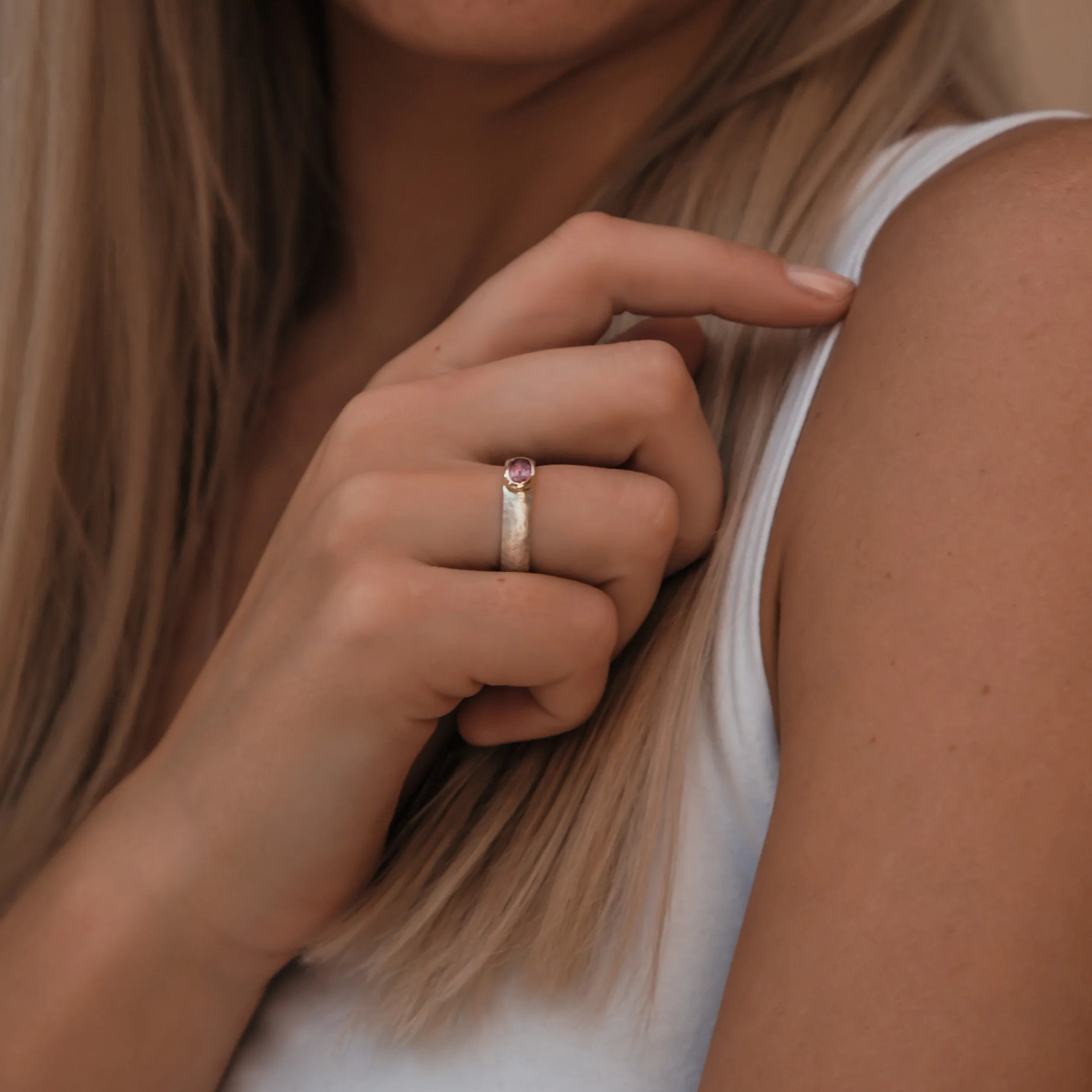 0.4 Carat Natural Pink Tourmaline Gemstone Two Tone Solid 9k Yellow Gold&925 Sterling Silver Solitaire Ring Gemstone ring Mixed metal ring