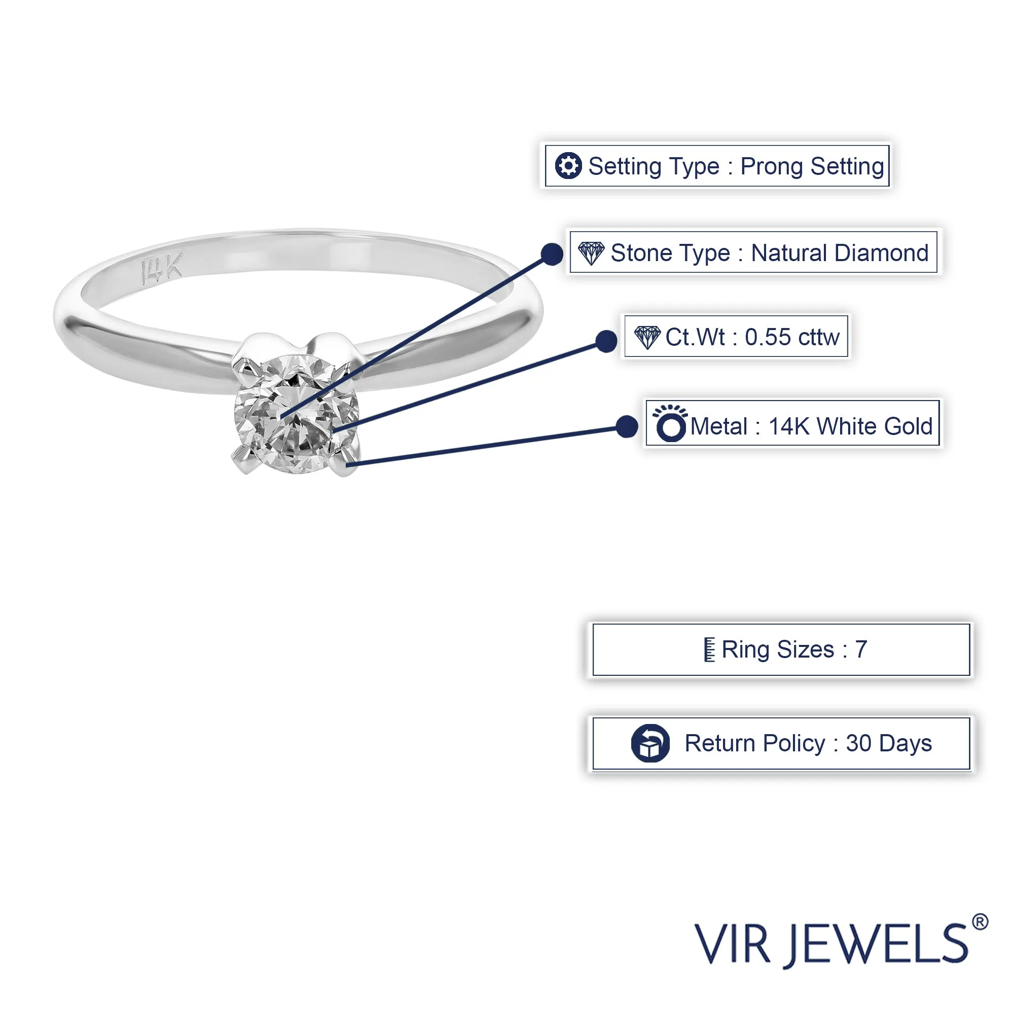 0.55 cttw SI1 Diamond Solitaire Engagement Ring 14K White Gold Round Size 7