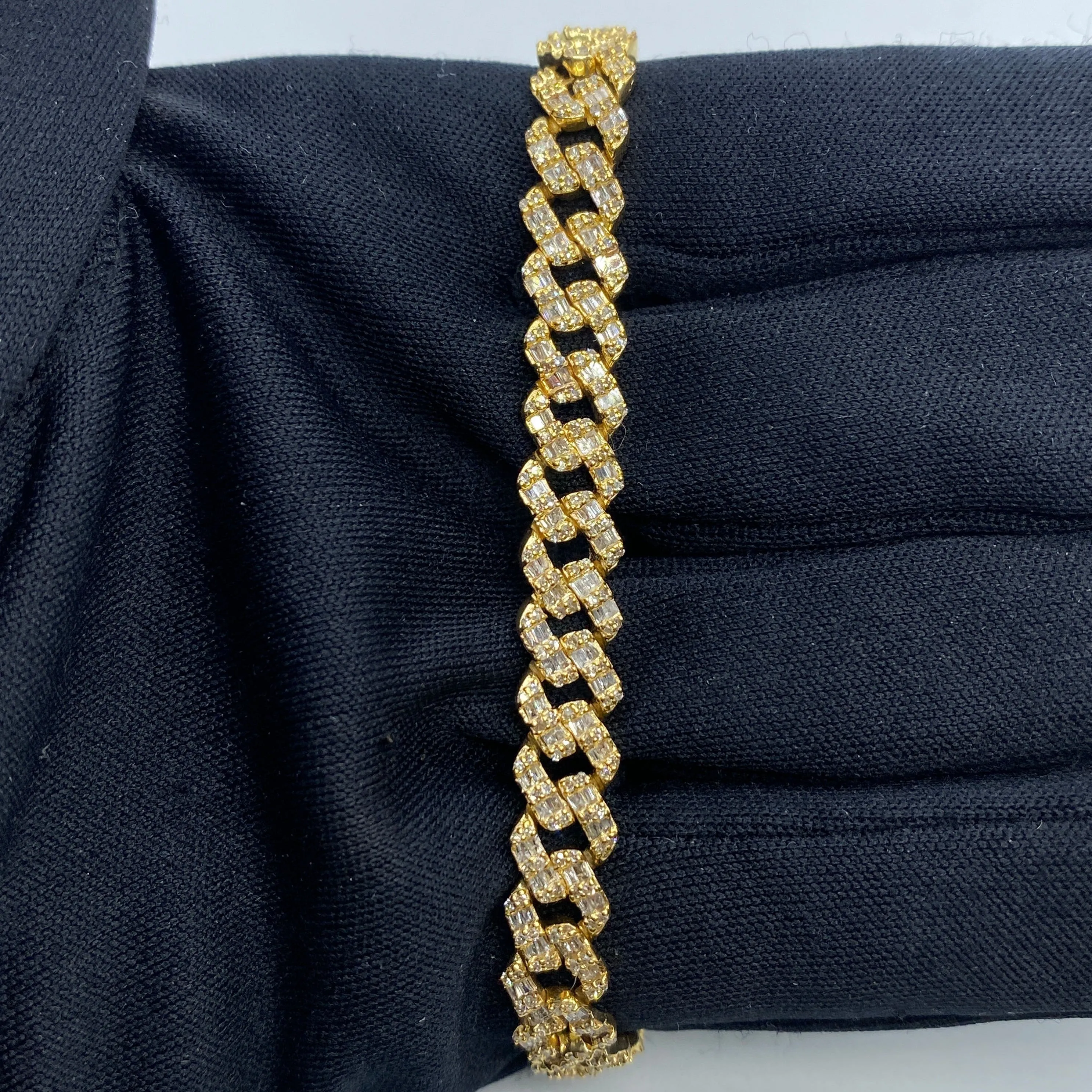 10K 6.5MM Cuban Link Diamond Baguette Bracelet 7-8"