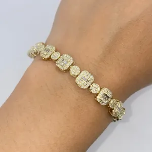 10K 7.5MM Square Circle Diamond Baguette Bracelet 8"
