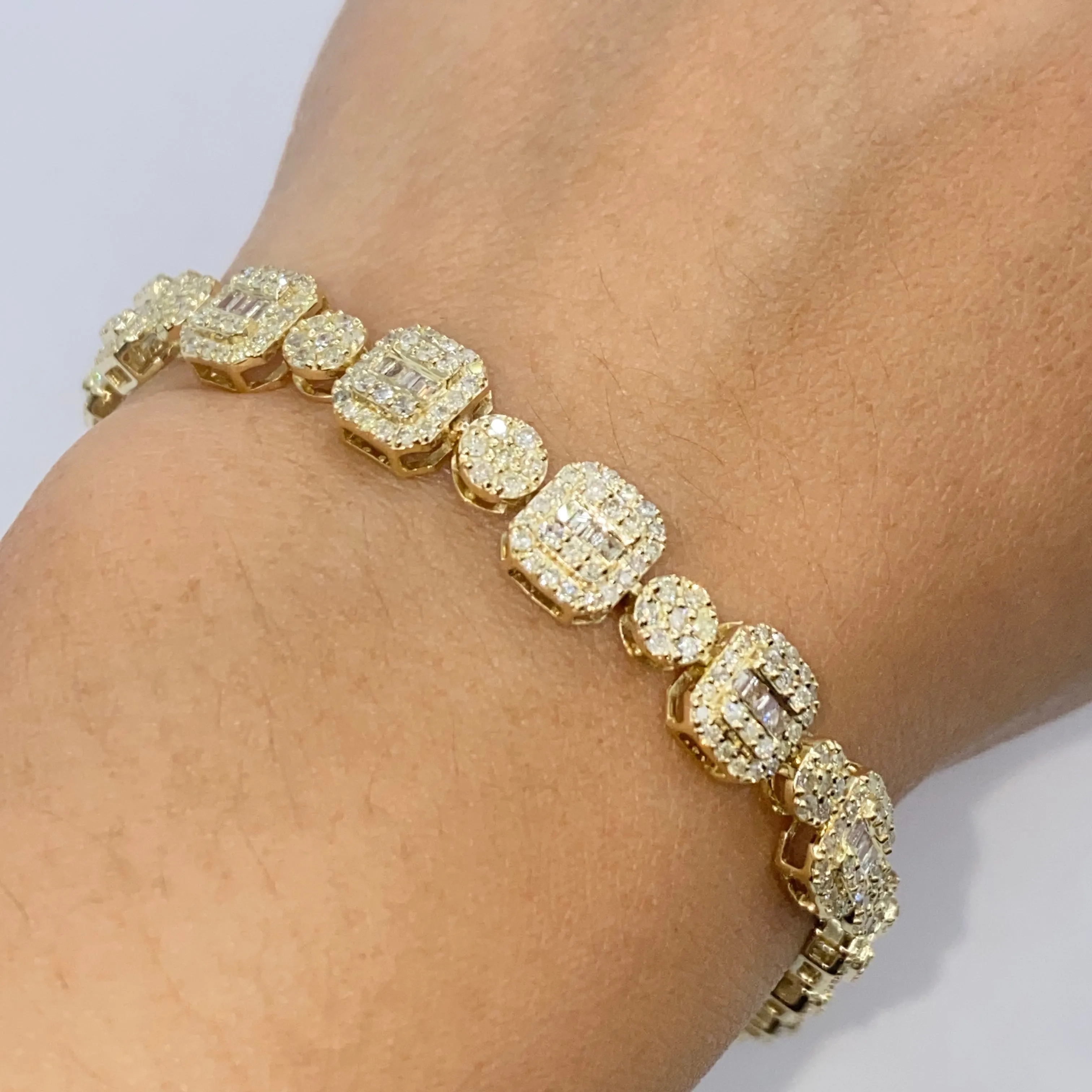 10K 7.5MM Square Circle Diamond Baguette Bracelet 8"