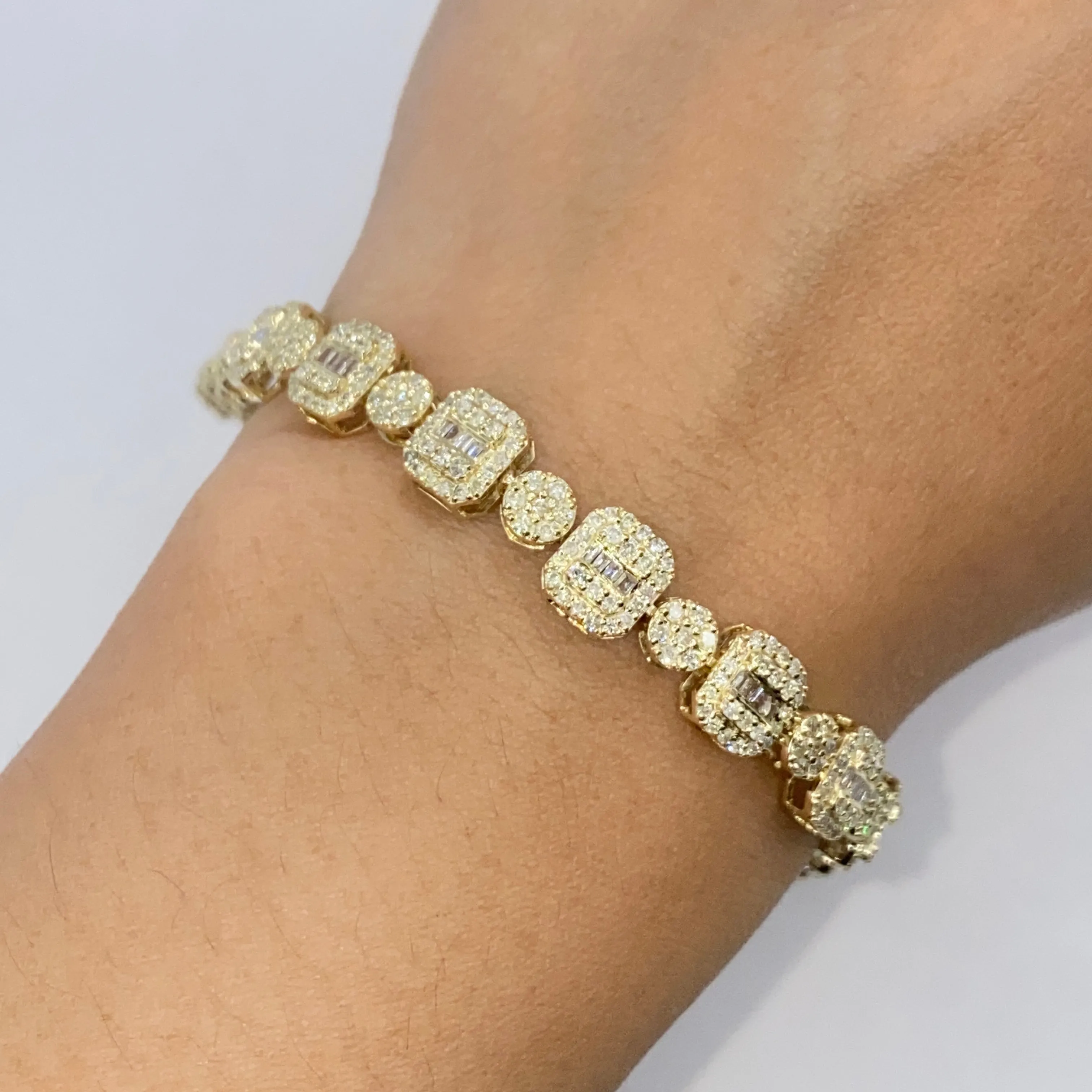 10K 7.5MM Square Circle Diamond Baguette Bracelet 8"
