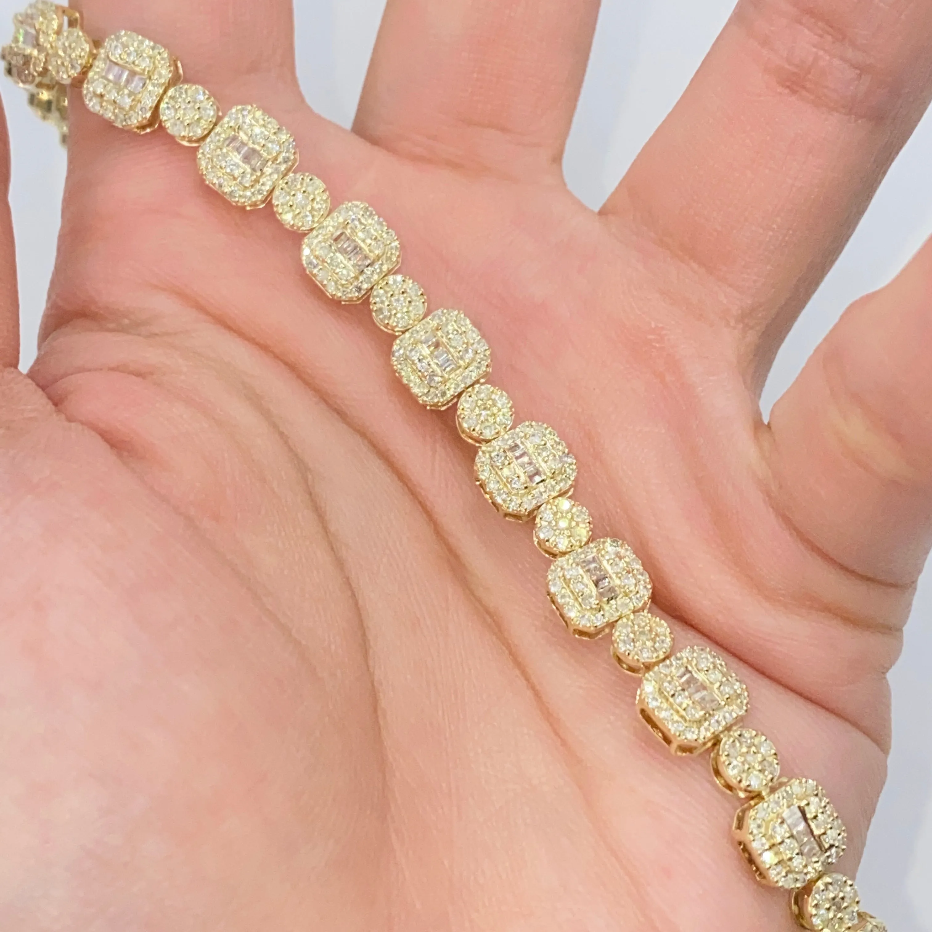 10K 7.5MM Square Circle Diamond Baguette Bracelet 8"