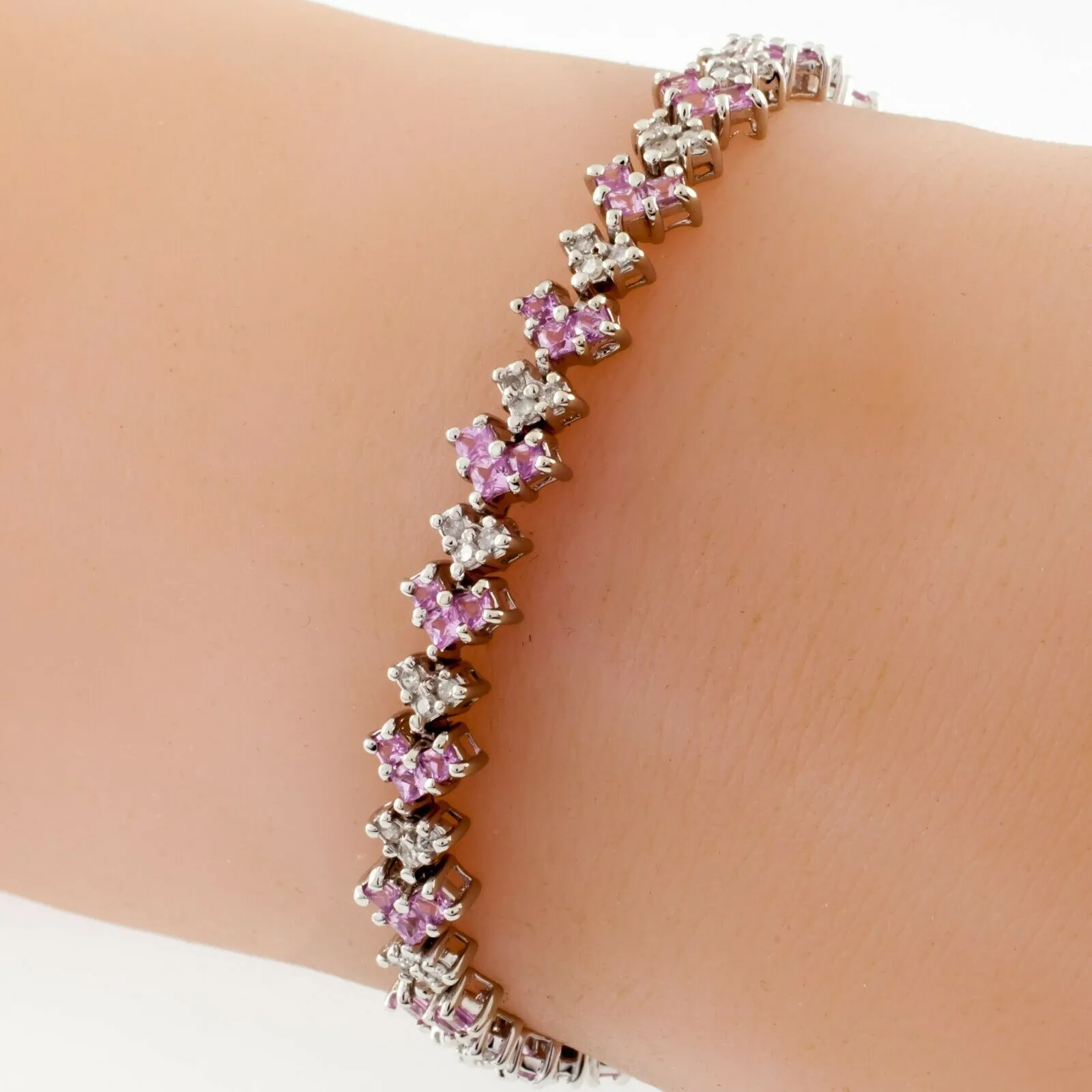 10k White Gold Diamond and Pink Amethyst Tennis Bracelet TDW = 8.28 ct