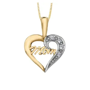 10K Yellow and White Gold (0.02ct) Diamond "Mom" Heart Pendant