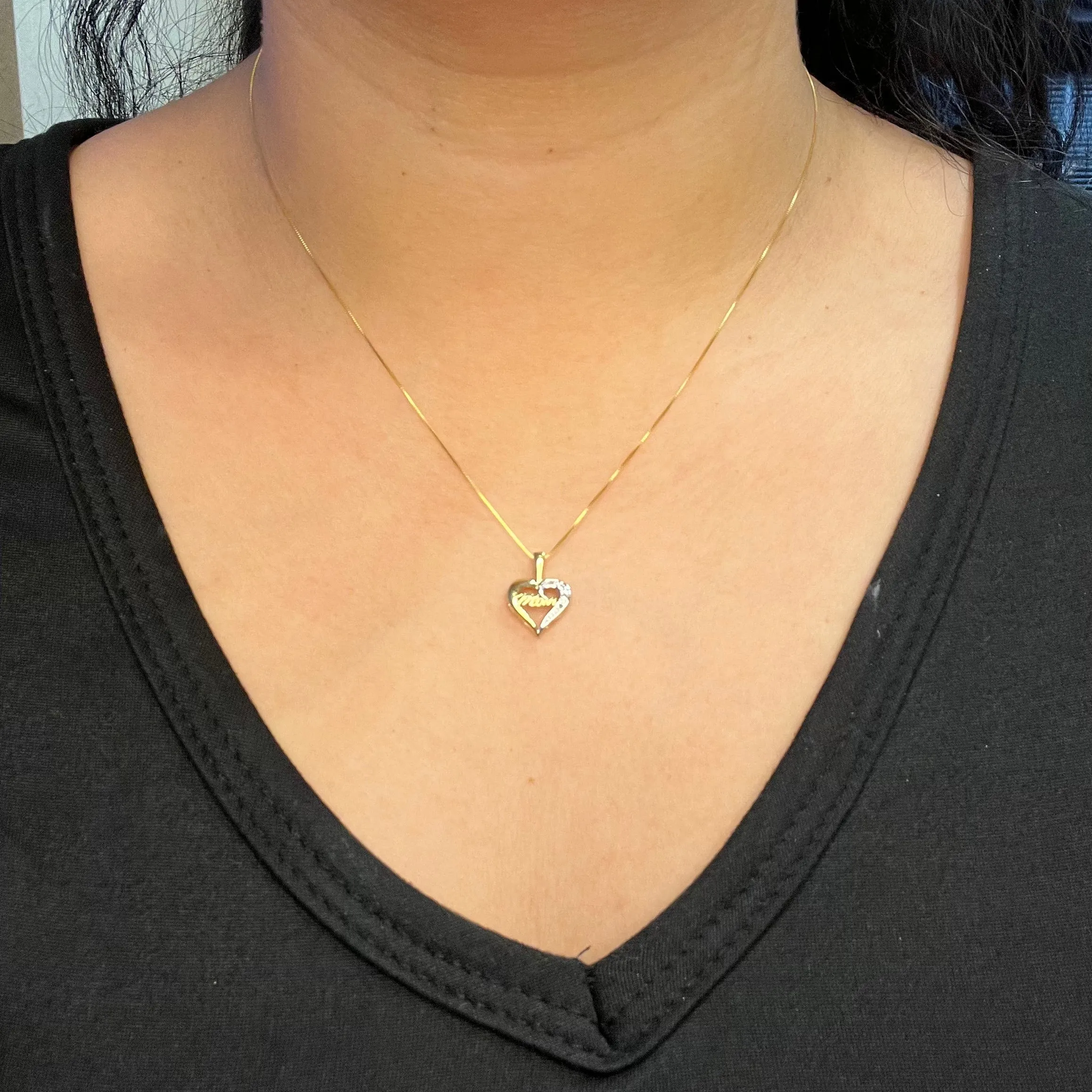 10K Yellow and White Gold (0.02ct) Diamond "Mom" Heart Pendant