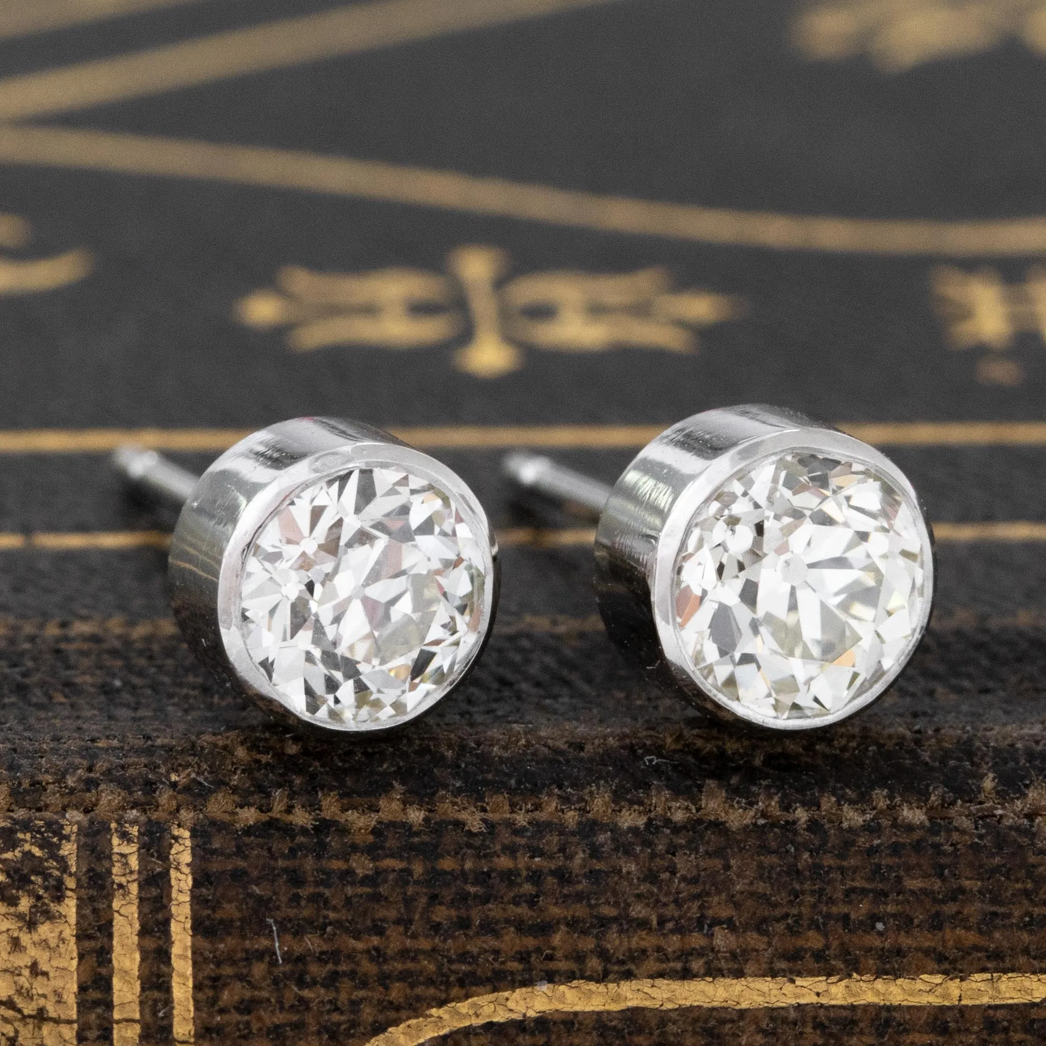 1.15ctw Old European Cut Diamond Bezel Stud Earrings