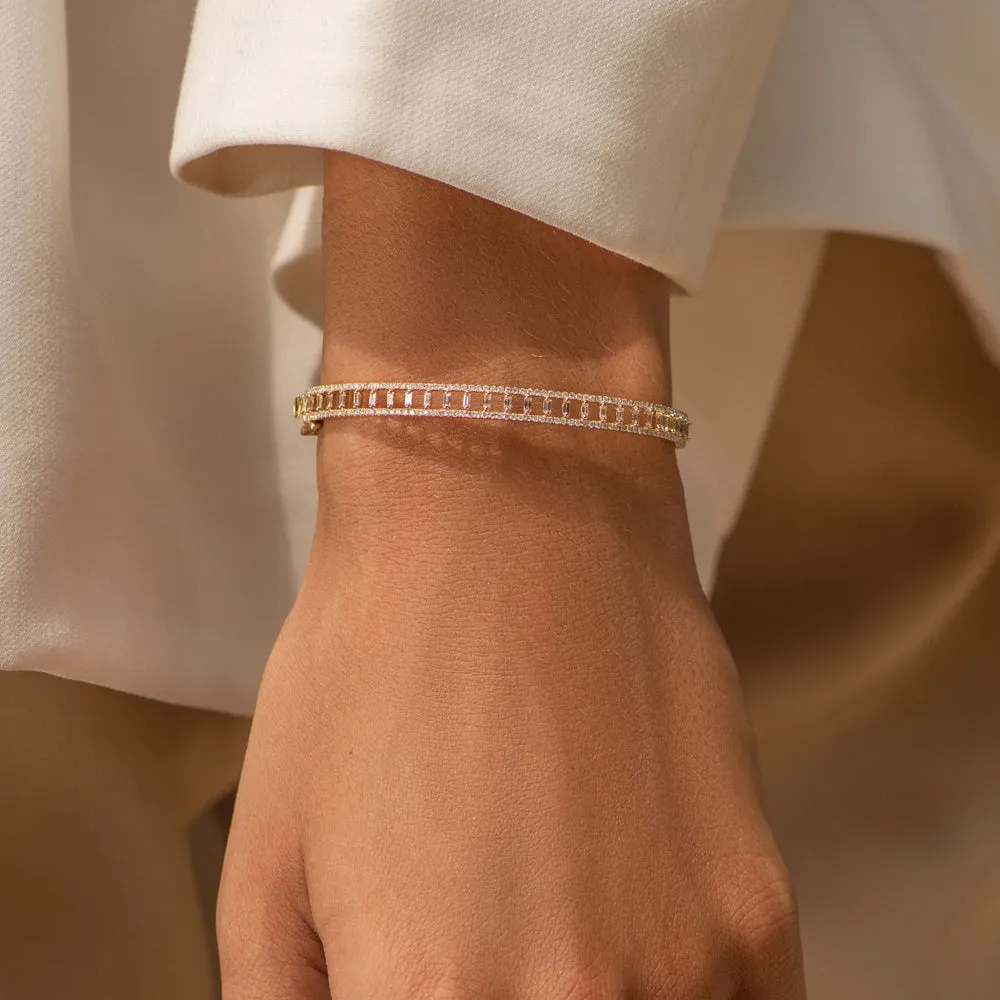 14K Baguette & Round Diamond Bangle Bracelet