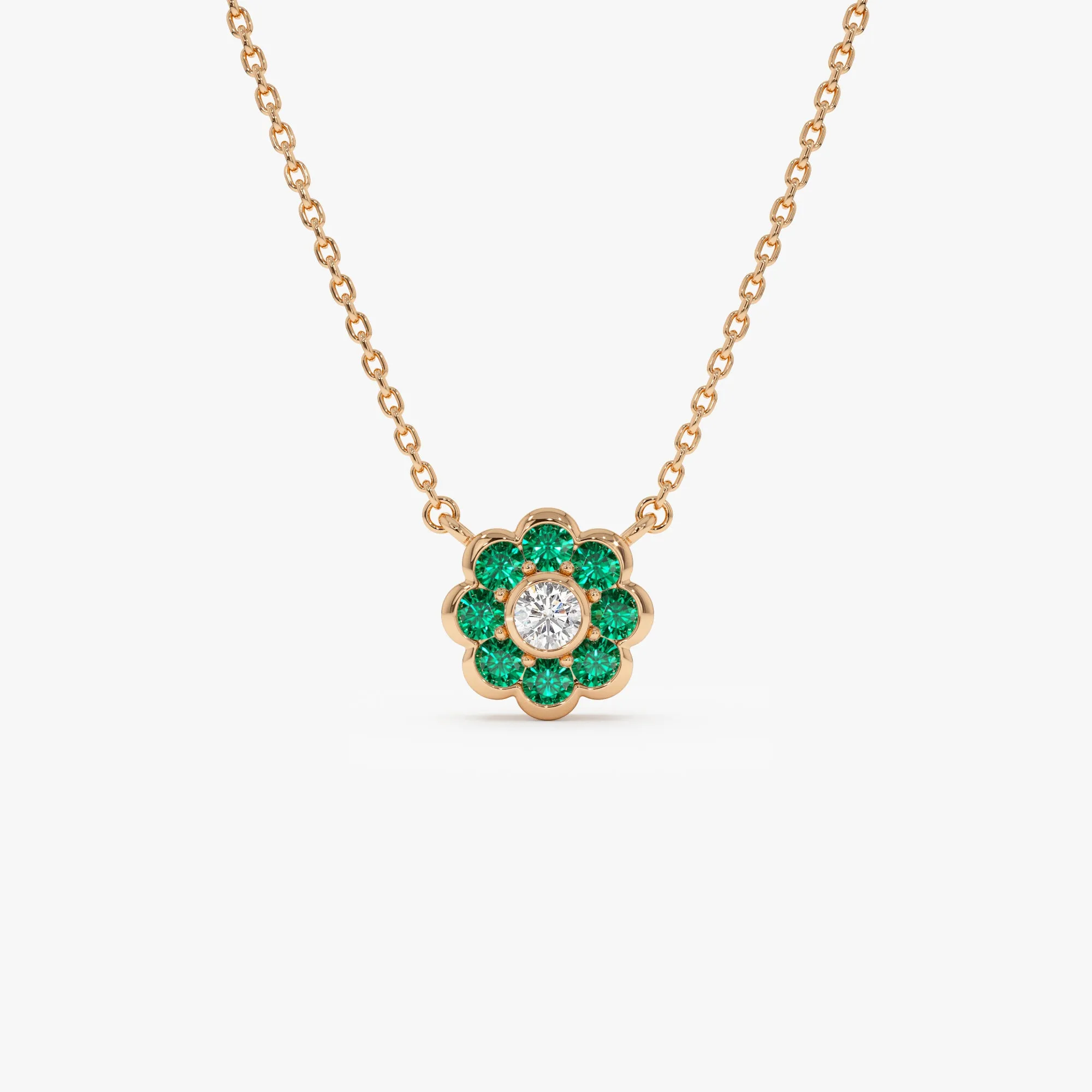 14K Bezel Setting Emerald Flower Diamond Necklace