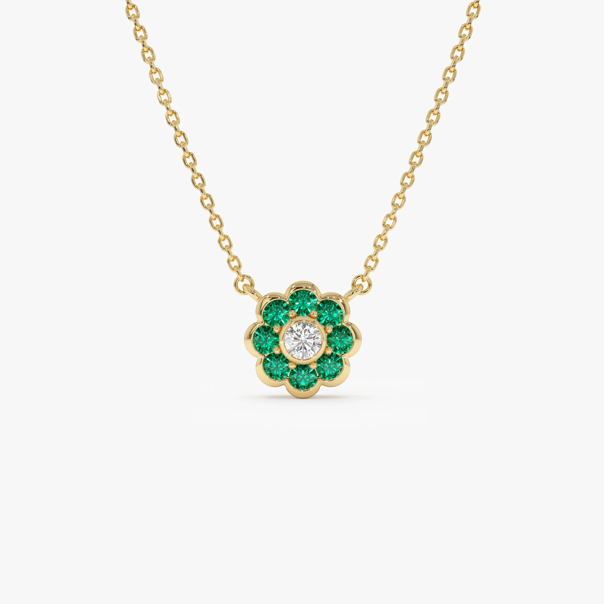14K Bezel Setting Emerald Flower Diamond Necklace