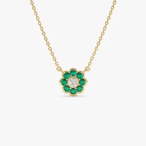 14K Bezel Setting Emerald Flower Diamond Necklace