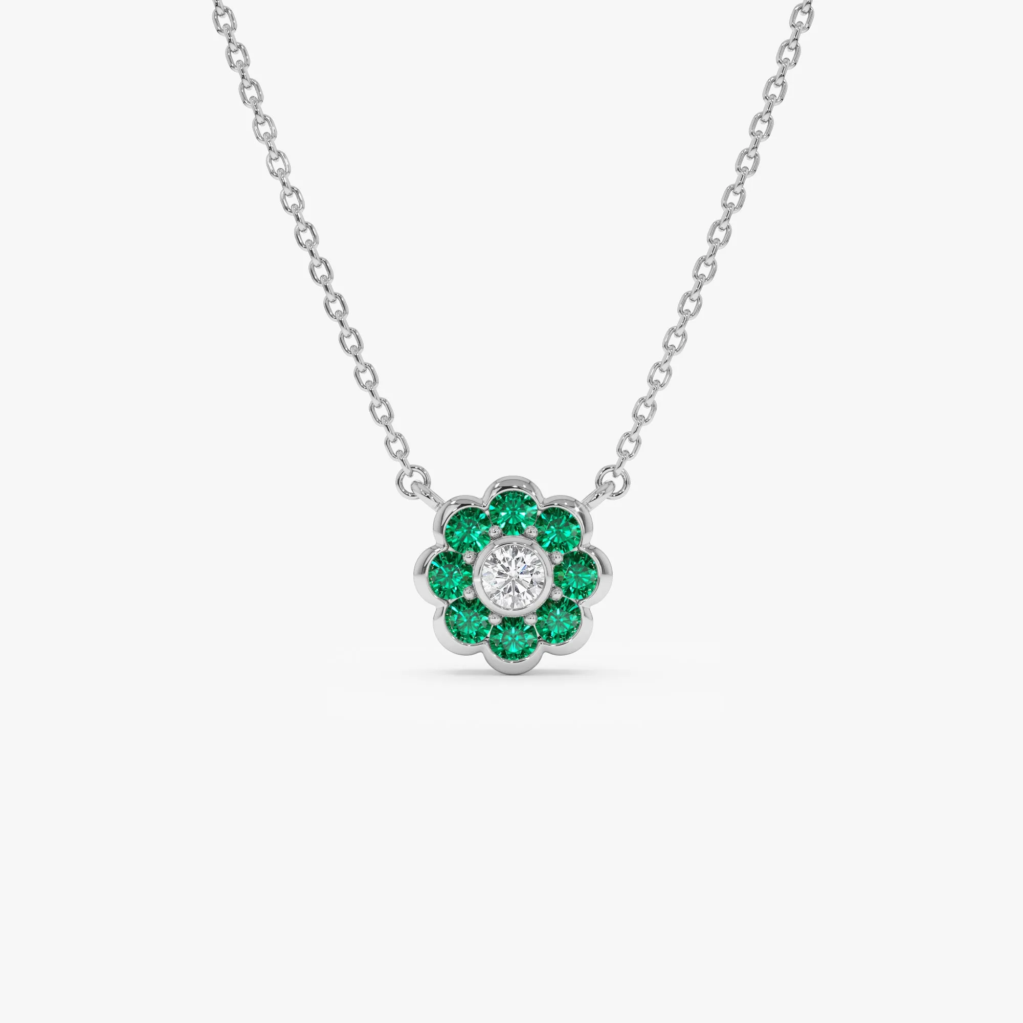 14K Bezel Setting Emerald Flower Diamond Necklace