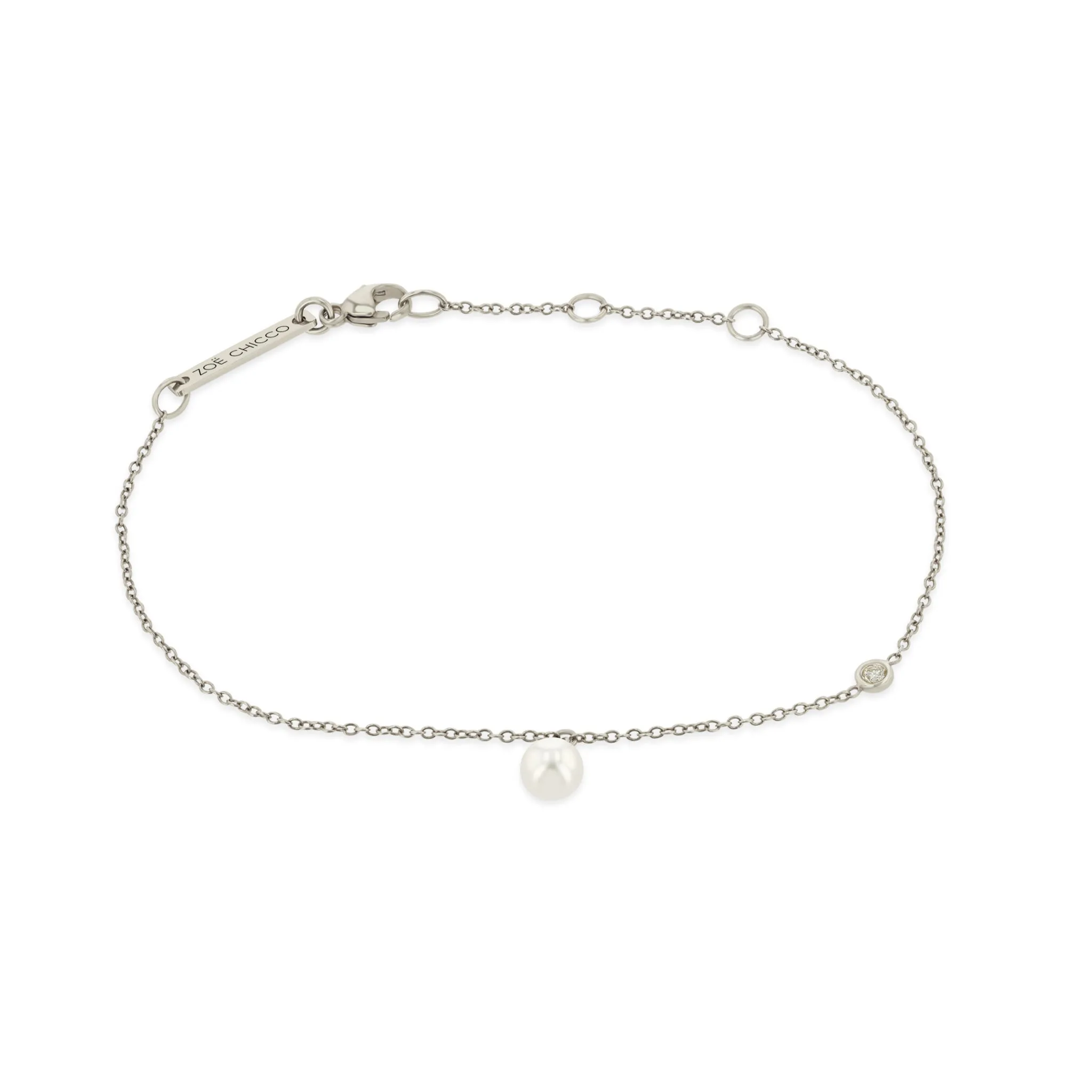 14k Dangling Pearl Charm Bracelet with Floating Diamond