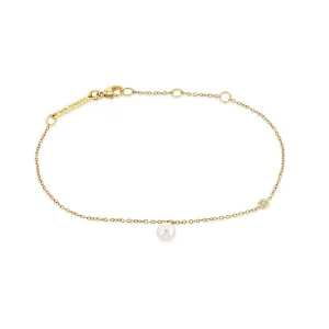 14k Dangling Pearl Charm Bracelet with Floating Diamond