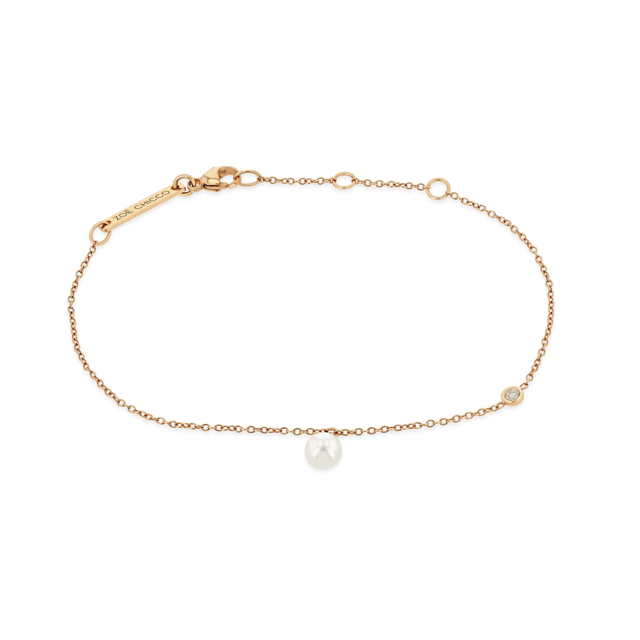 14k Dangling Pearl Charm Bracelet with Floating Diamond