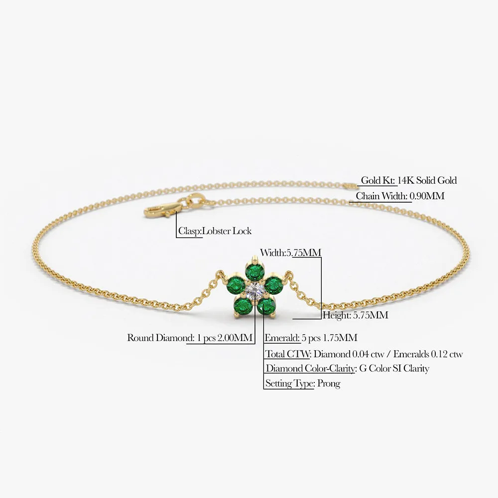 14K Emerald and Diamond Flower Charm Bracelet