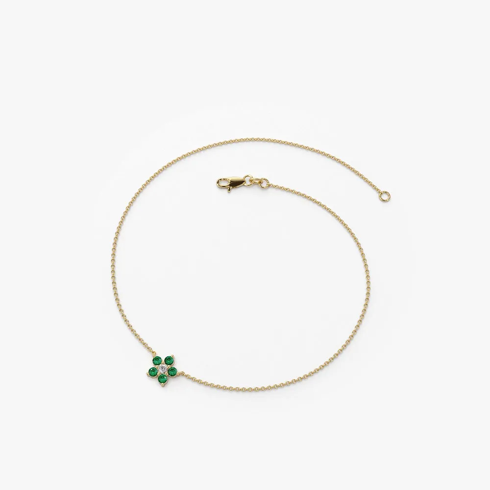 14K Emerald and Diamond Flower Charm Bracelet