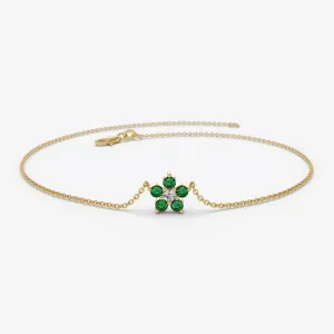 14K Emerald and Diamond Flower Charm Bracelet