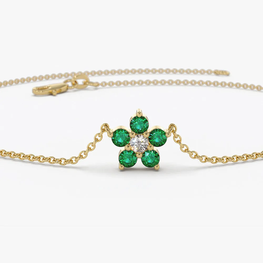 14K Emerald and Diamond Flower Charm Bracelet