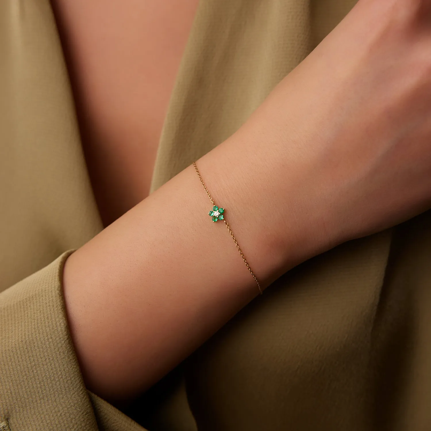 14K Emerald and Diamond Flower Charm Bracelet