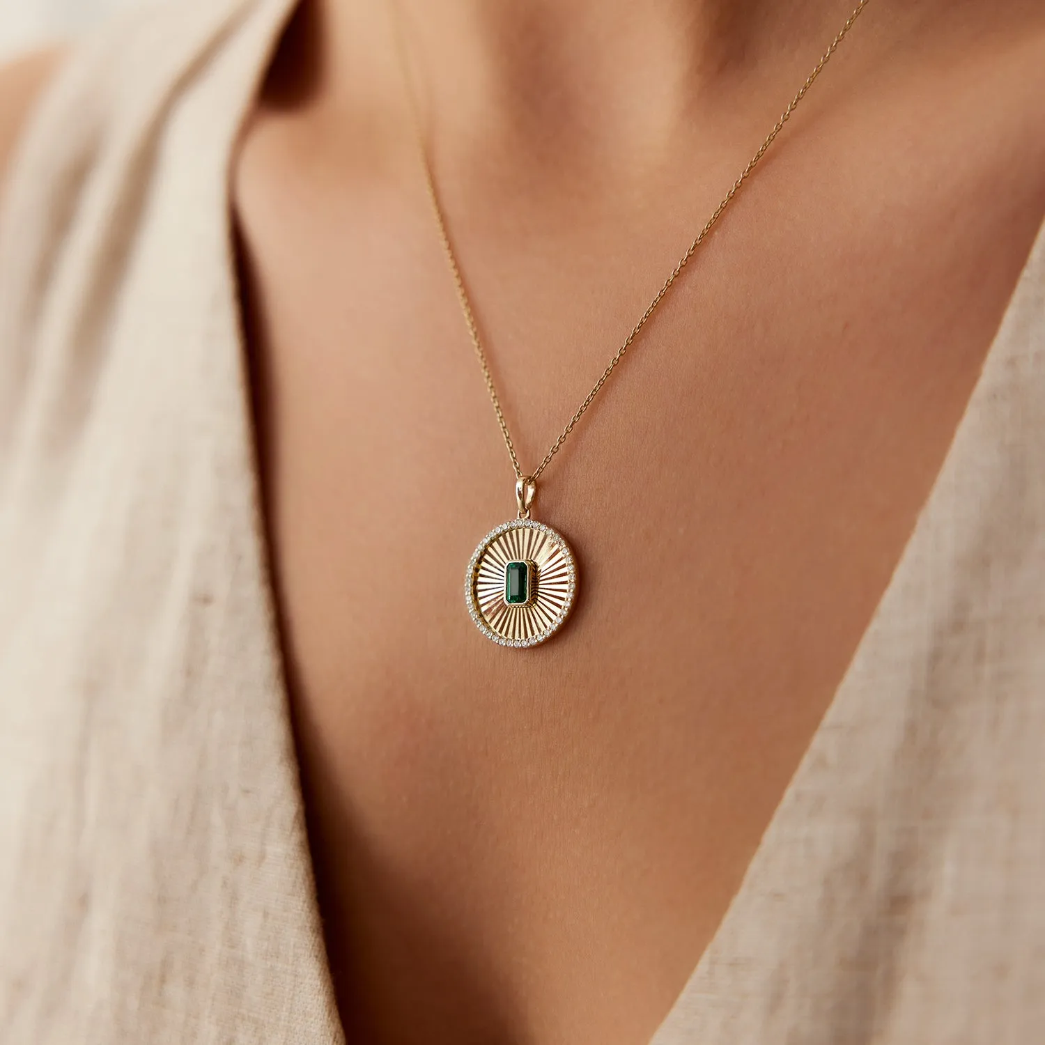 14K Emerald and Diamond Medallion Necklace