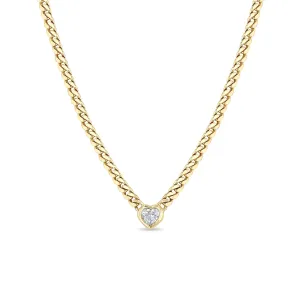 14k Floating Heart Shaped Diamond Small Curb Chain Necklace