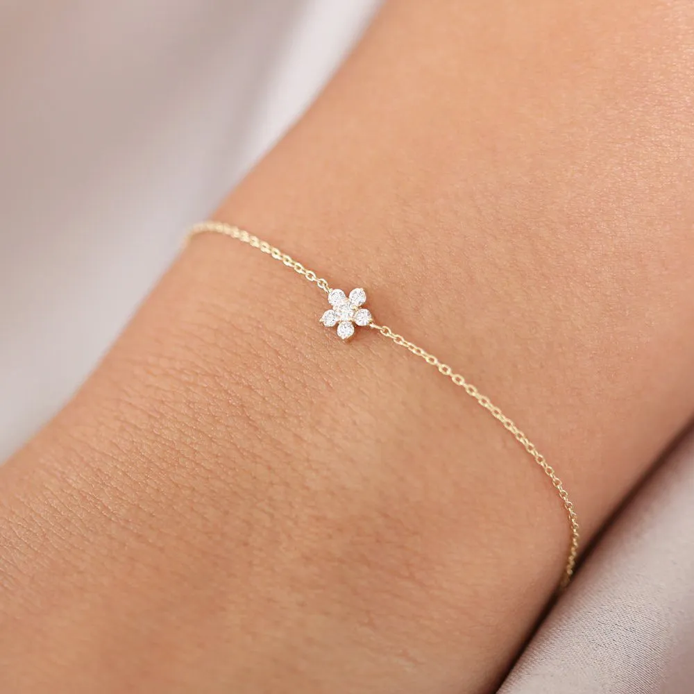 14K Gold Diamond Flower Charm Bracelet