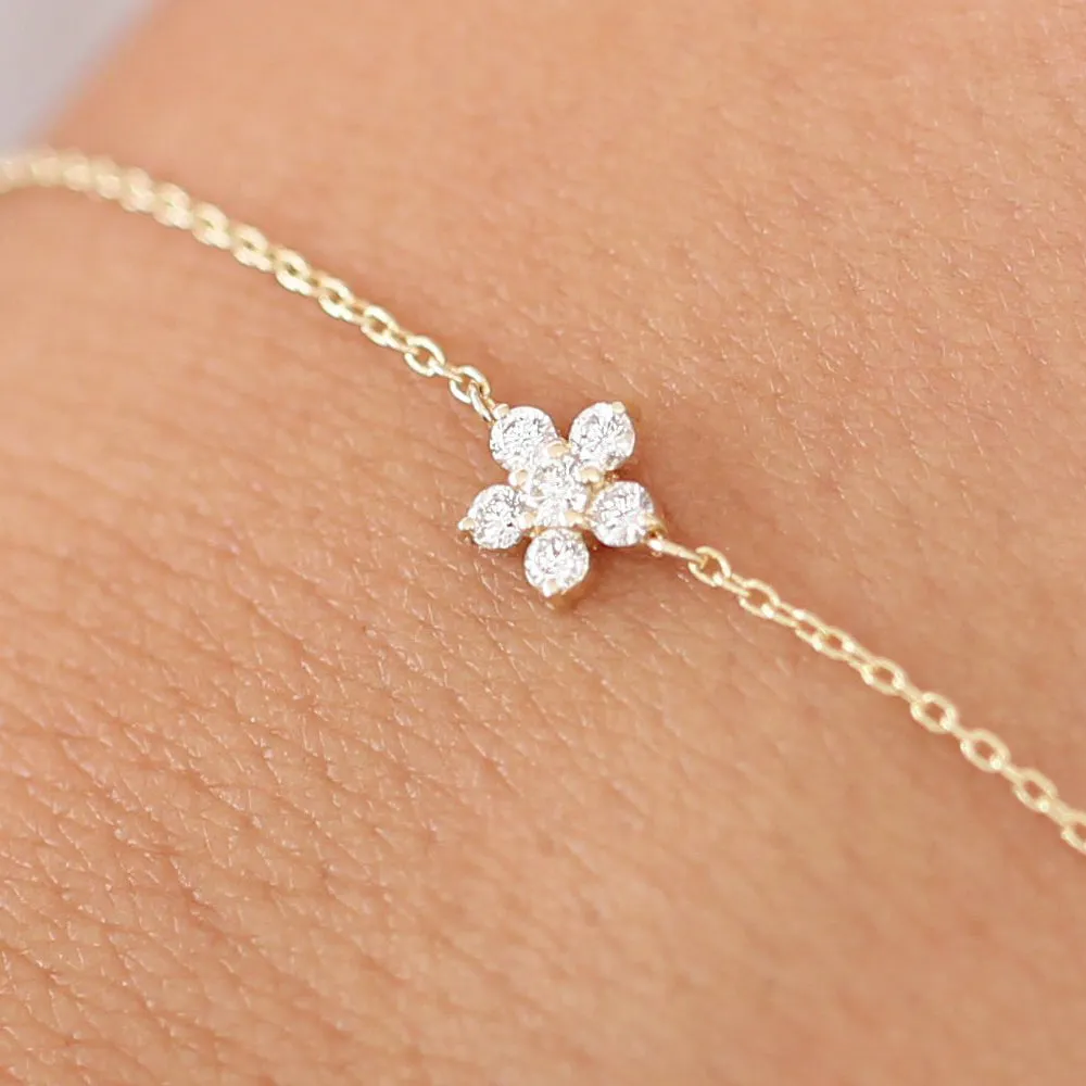 14K Gold Diamond Flower Charm Bracelet