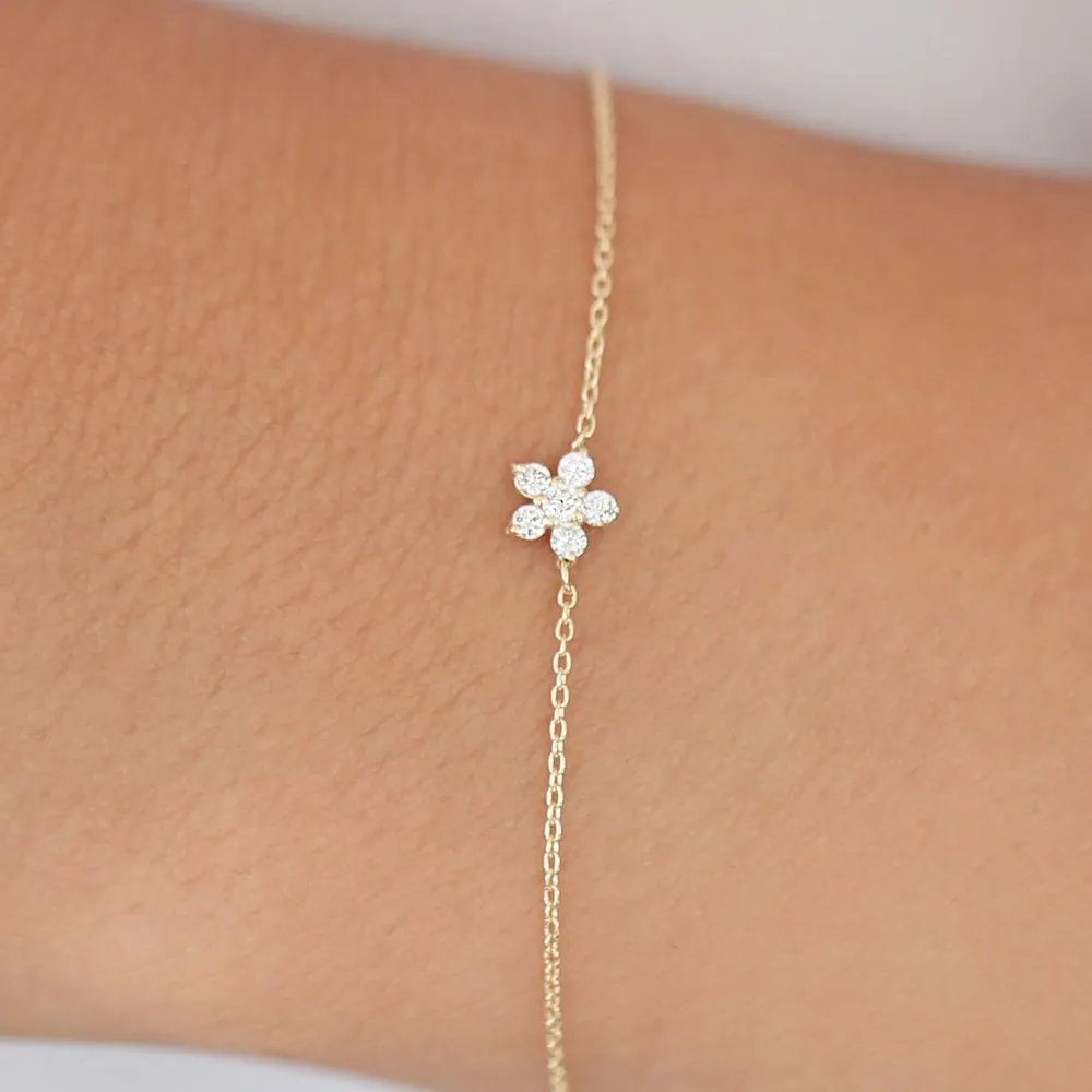 14K Gold Diamond Flower Charm Bracelet