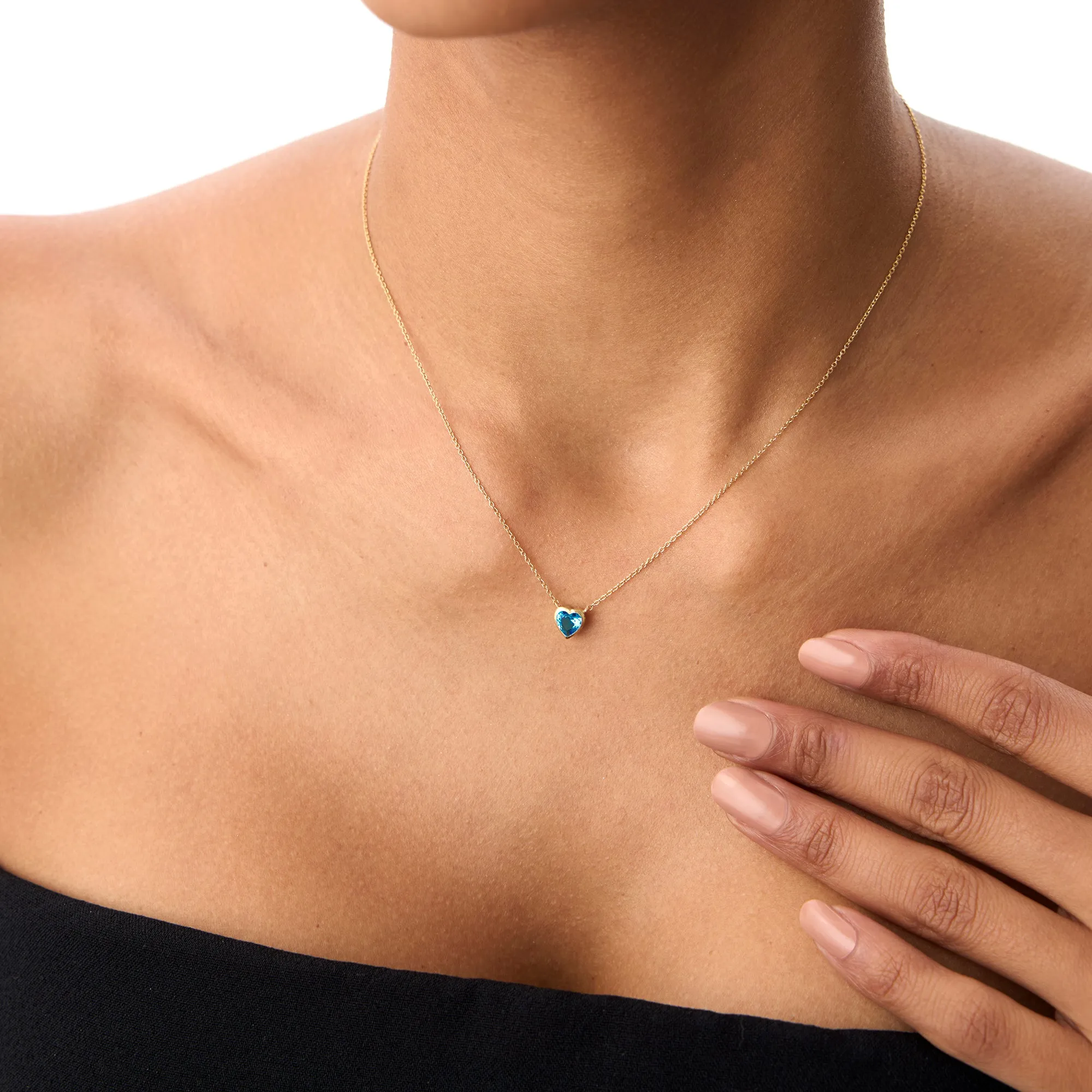 14K Gold Heart Shaped London Blue Topaz Layering Necklace