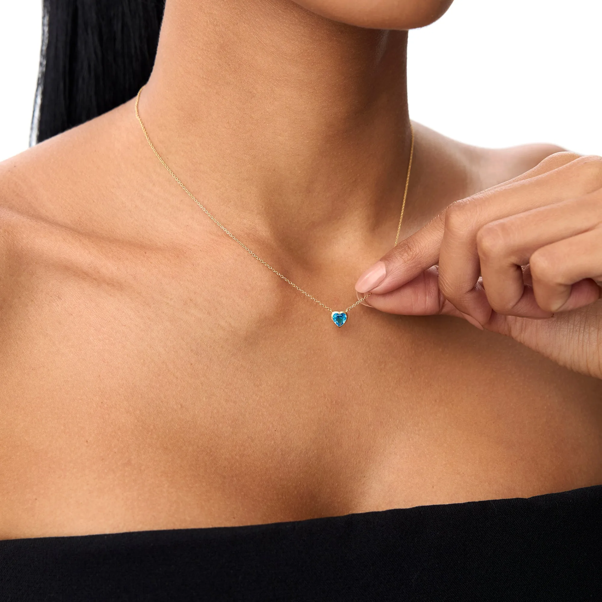 14K Gold Heart Shaped London Blue Topaz Layering Necklace