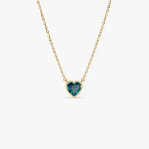 14K Gold Heart Shaped London Blue Topaz Layering Necklace