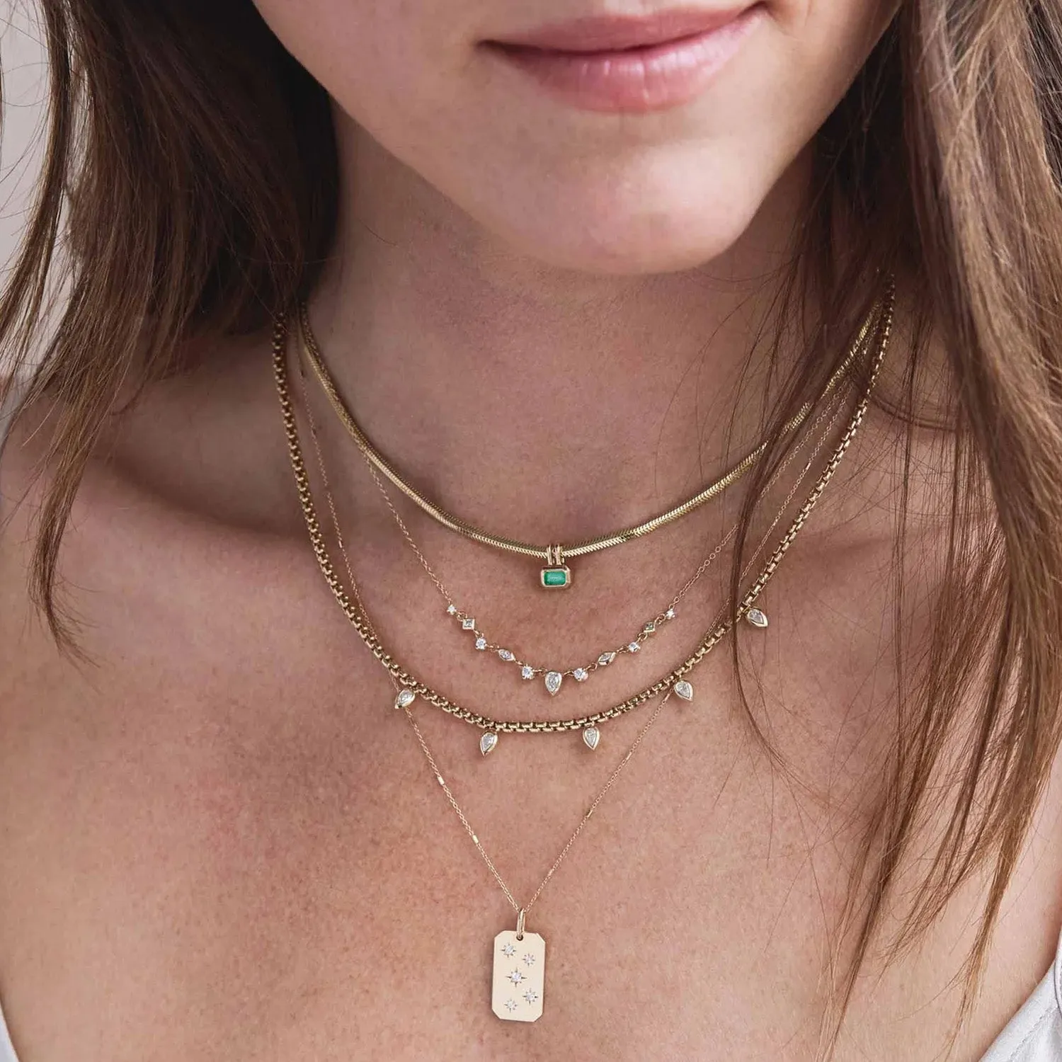 14K Gold Snake Chain and Bezel Set Emerald Necklace