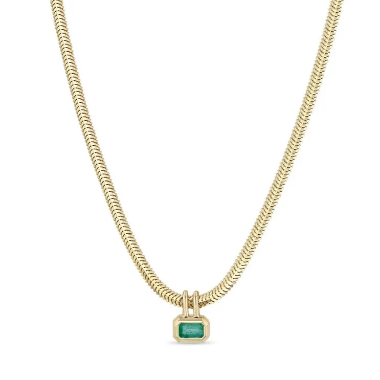 14K Gold Snake Chain and Bezel Set Emerald Necklace