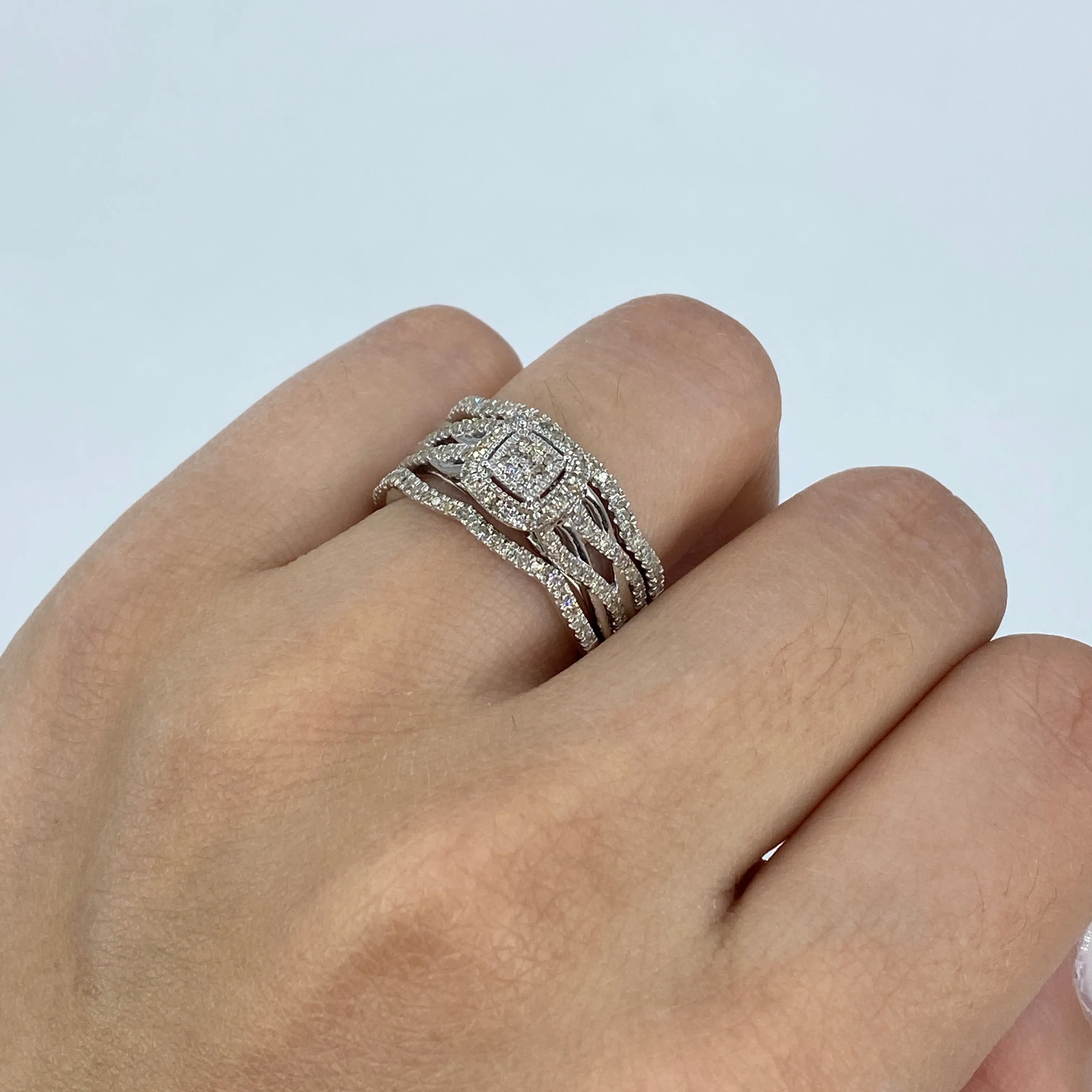 14K Romance Square Diamond Engagement Ring with Stack Bands