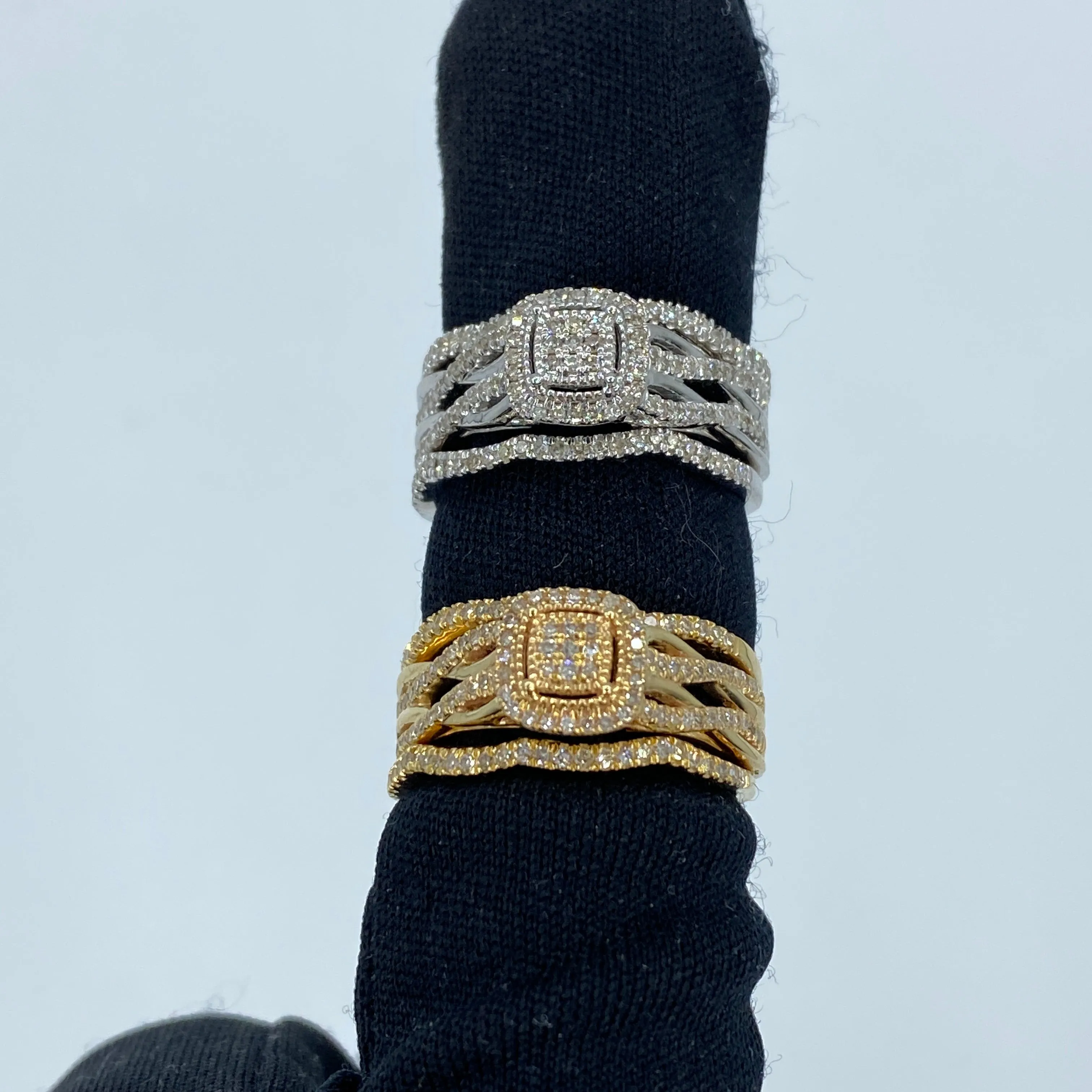 14K Romance Square Diamond Engagement Ring with Stack Bands