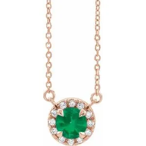 14K Rose 5.5 mm Lab-Grown Emerald 1/10 CTW Natural Diamond 18" Necklace