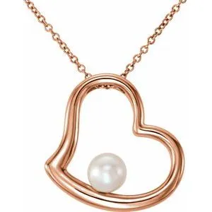 14K Rose Freshwater Cultured Pearl Heart 18" Necklace