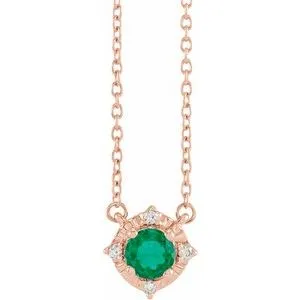 14K Rose Lab-Grown Emerald & .04 CTW Natural Diamond Halo-Style 18" Necklace