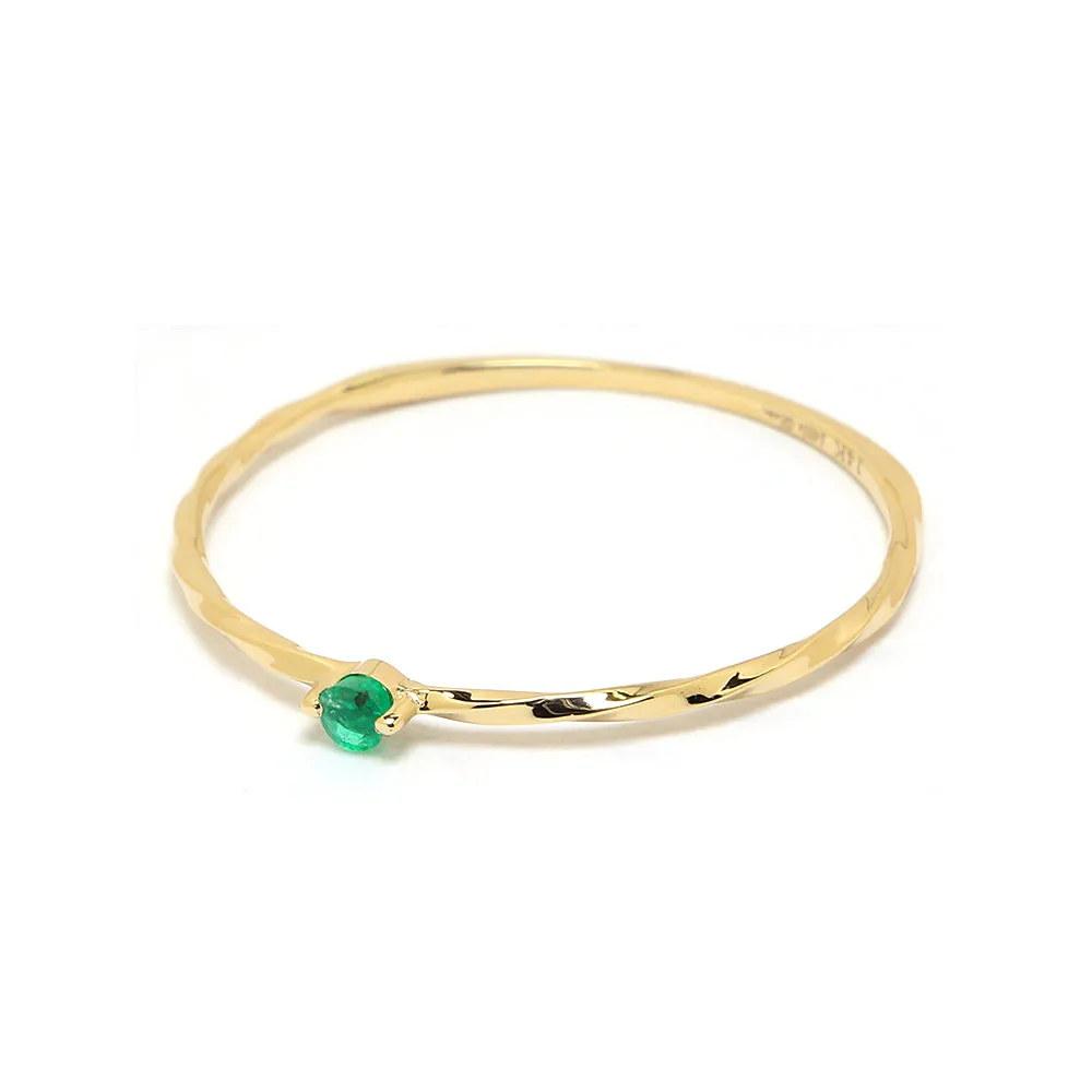 14k Solid Yellow Gold Dainty Solitaire Emerald Twist Ring