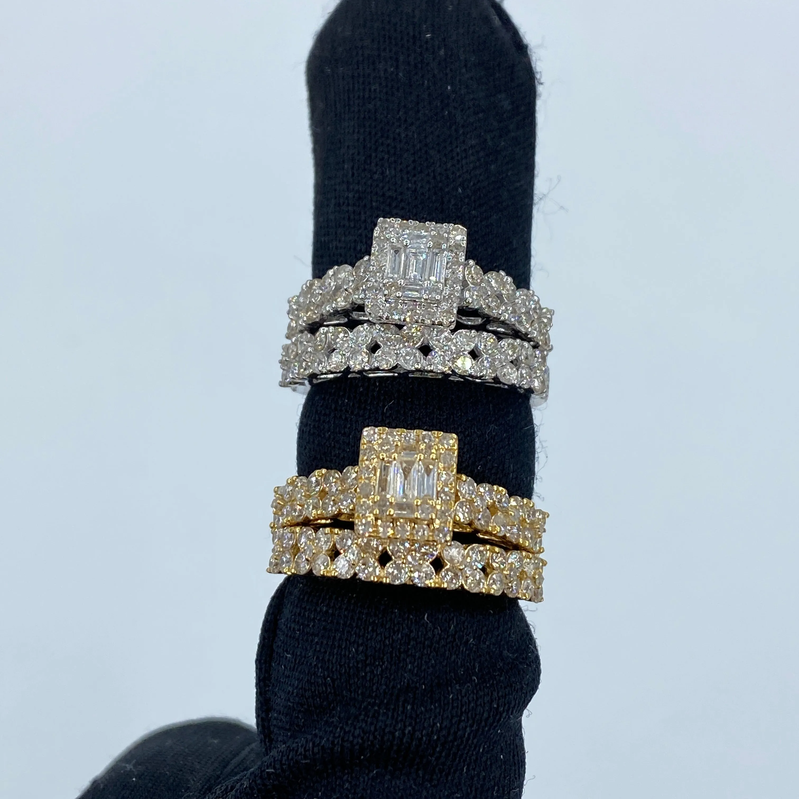 14K Square Diamond Baguette Engagement Ring with Stack Band