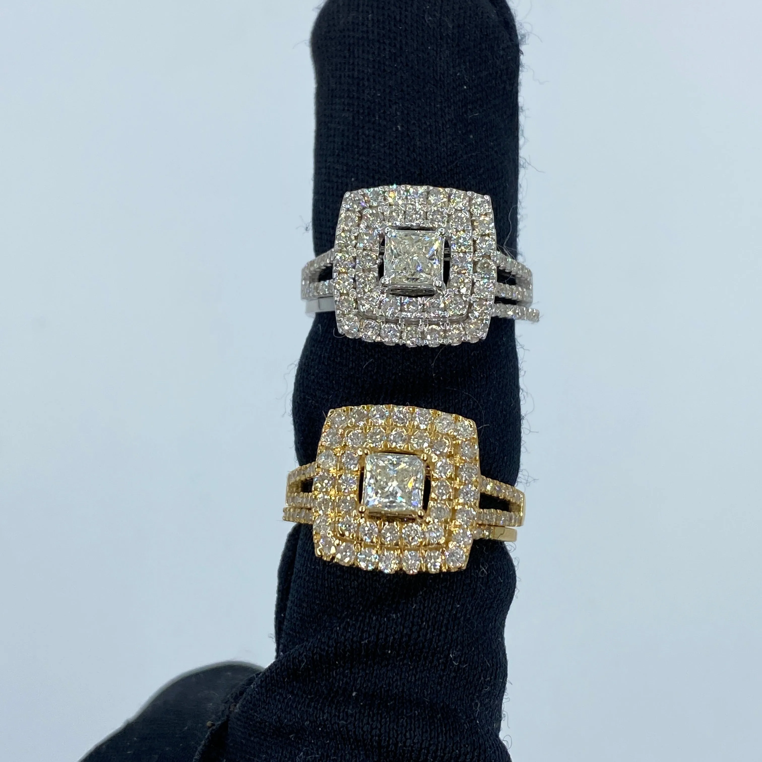 14K Square Halo Baguette Center Stone Engagement Ring