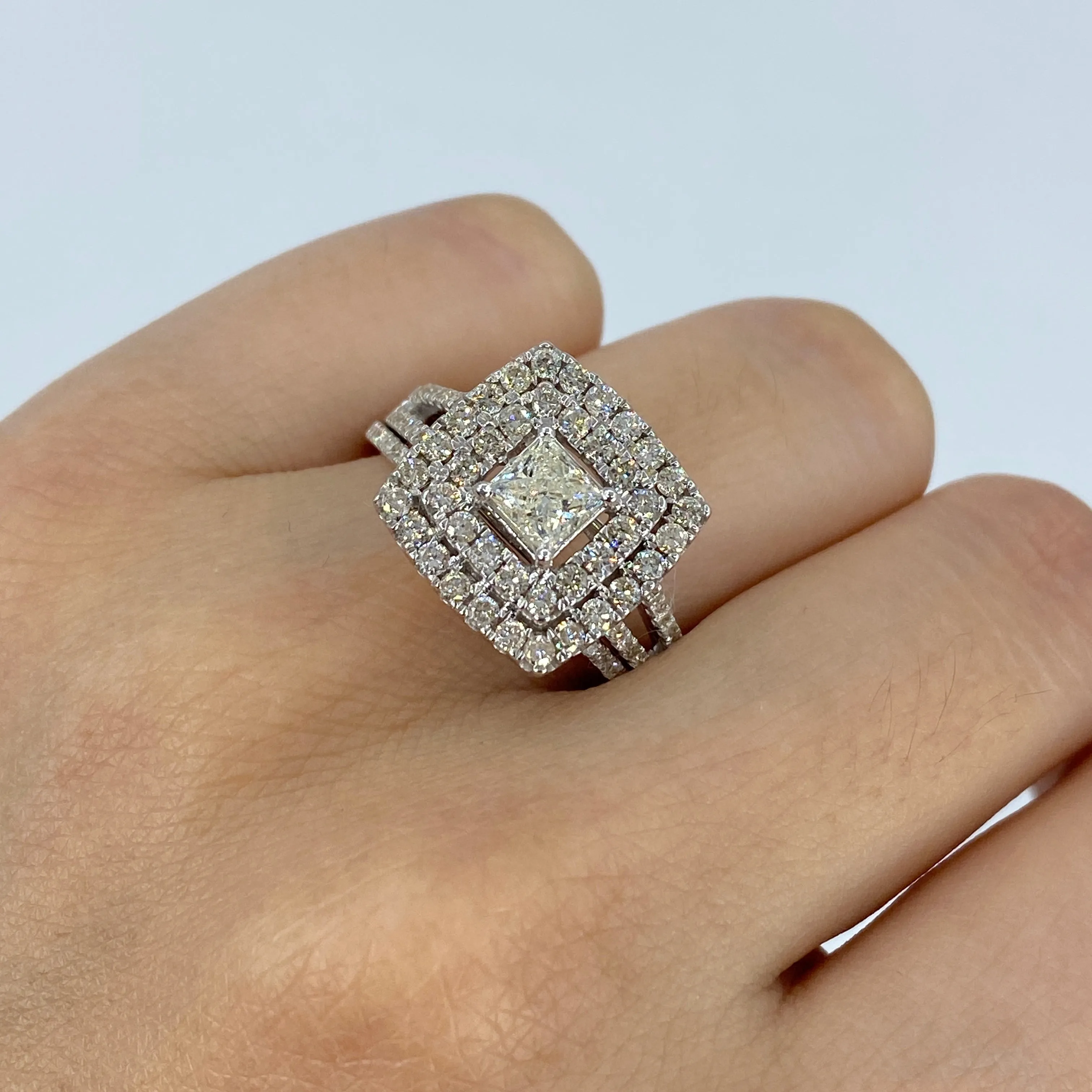 14K Square Halo Baguette Center Stone Engagement Ring