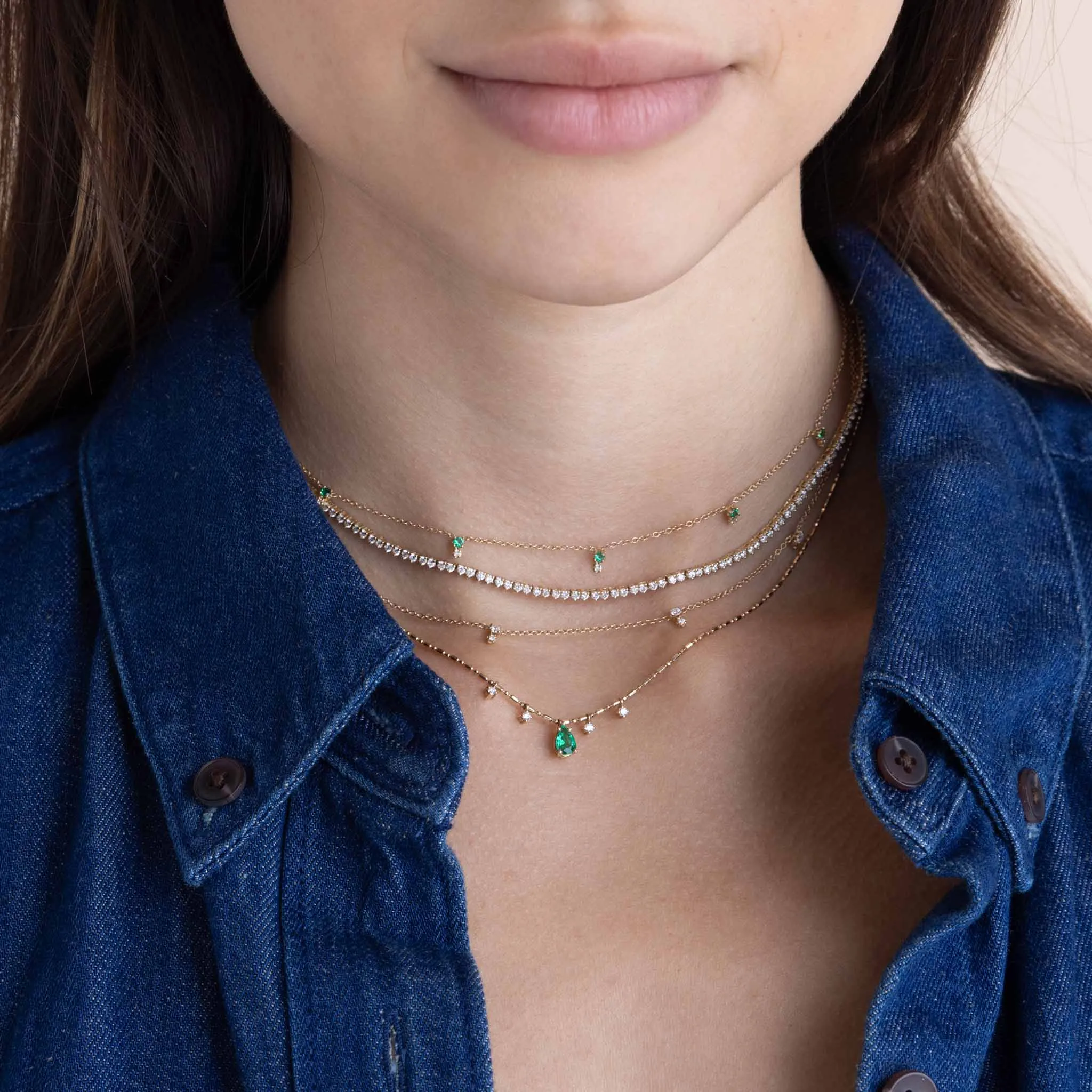14k Stacked Prong Emerald & Diamond Station Necklace