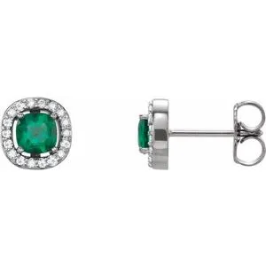14K White Chatham® Created Emerald & .08 CTW Diamond Earrings