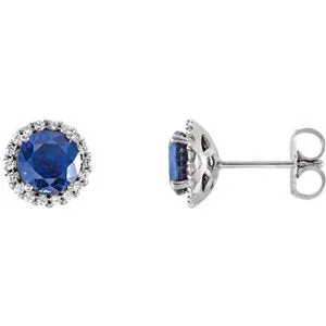 14K White Chatham® Lab-Created Blue Sapphire & 1/6 CTW Diamond Earrings