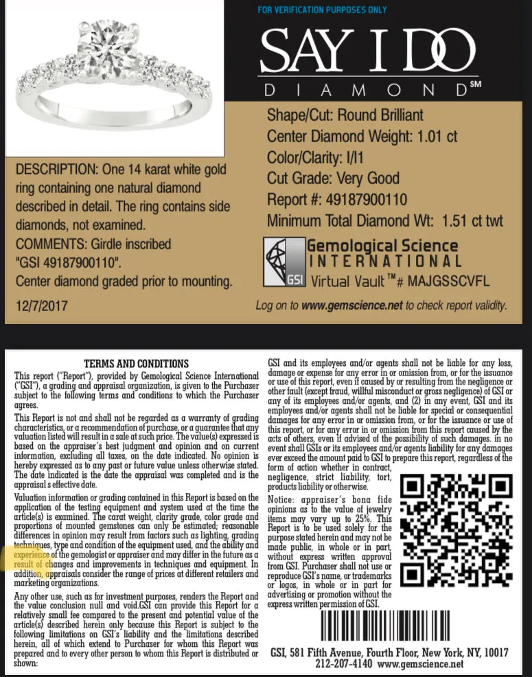 14K White Gold 1.01 Carat Round Brilliant Diamond Engagement GSI Certified