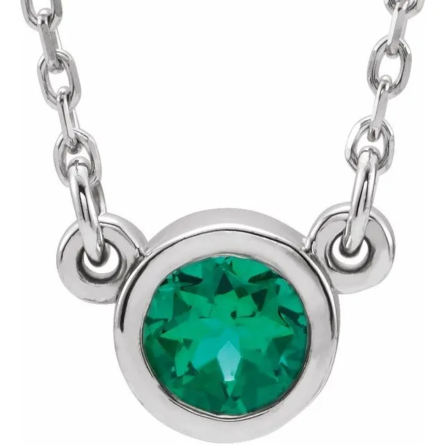 14K White Gold 4 mm Round Natural Emerald Solitaire 16" Necklace