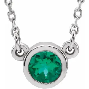 14K White Gold 4 mm Round Natural Emerald Solitaire 16" Necklace